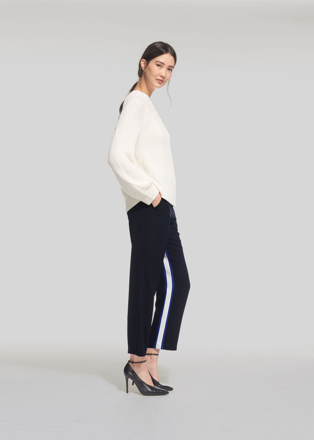Stripe Insert Crepe Trouser Navy
