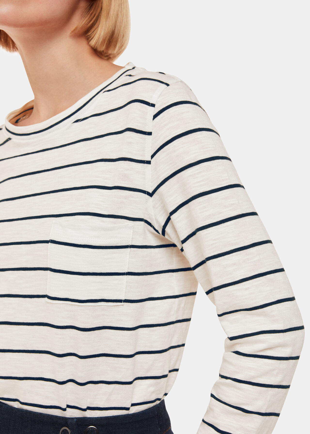 Whistles Navy Stripe Crew Neck Pocket Top Whistles Navy Stripe Crew Neck Pocket Top