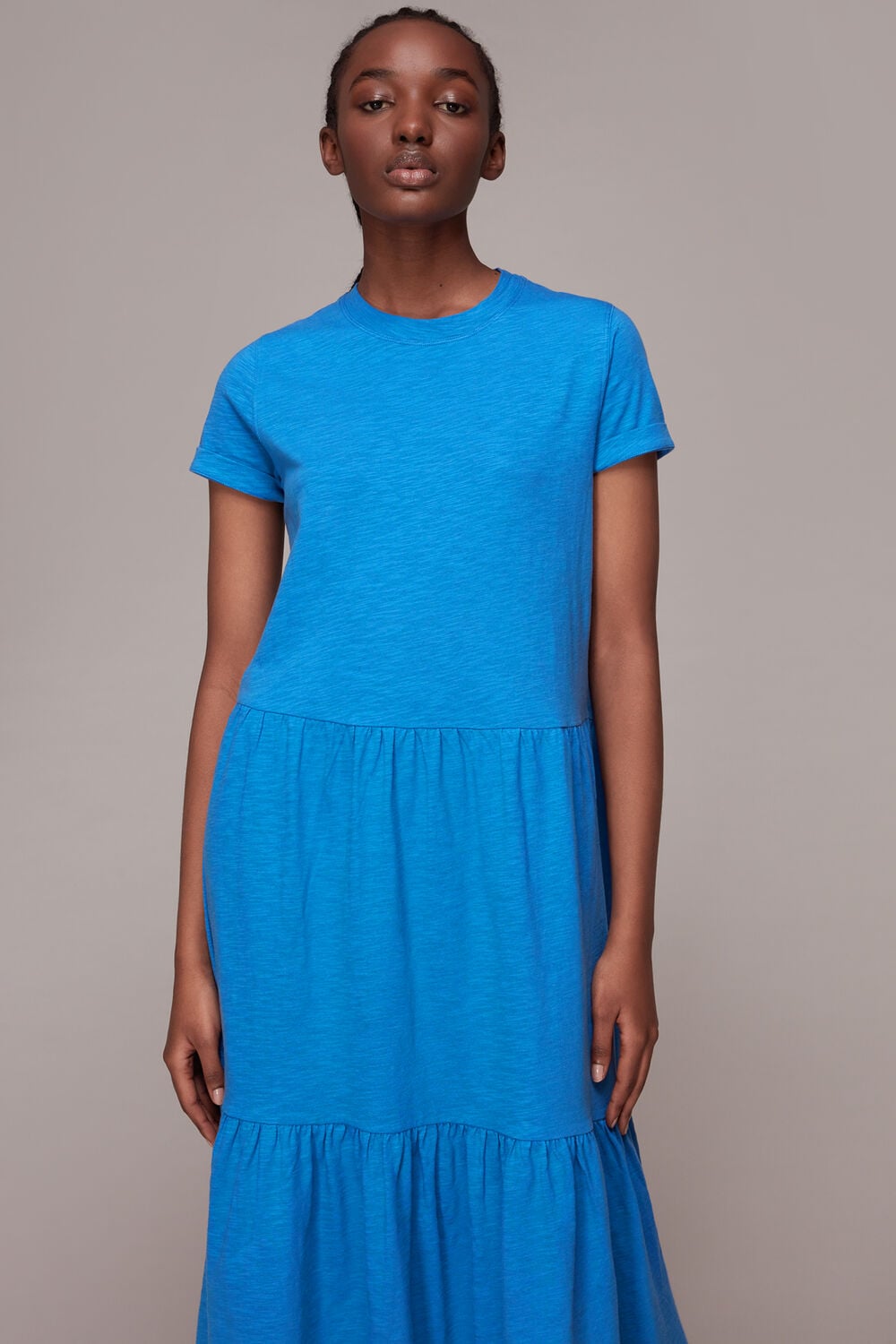 Blue Tiered Jersey Midi Dress