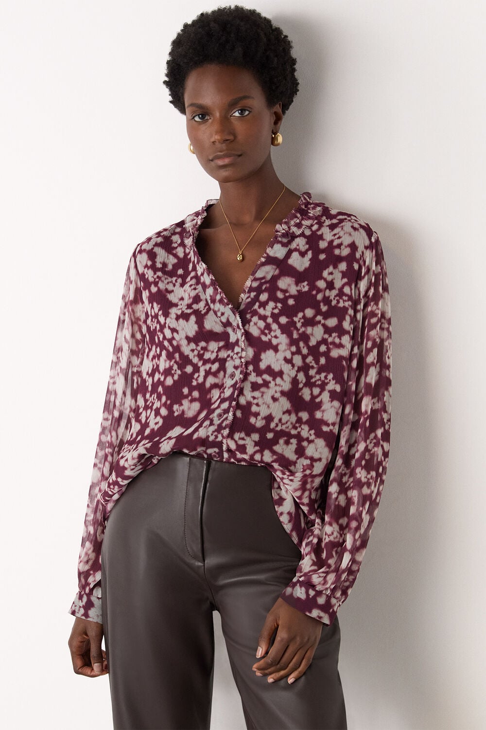 Burgundy Inky Floral Long Sleeve Blouse