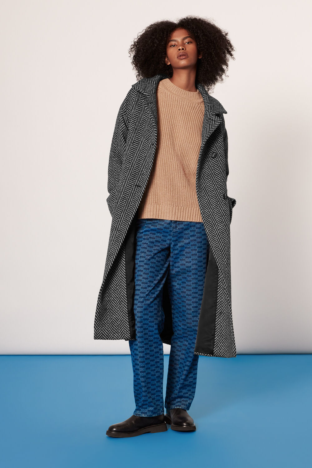 Herringbone Funnel Neck Coat
