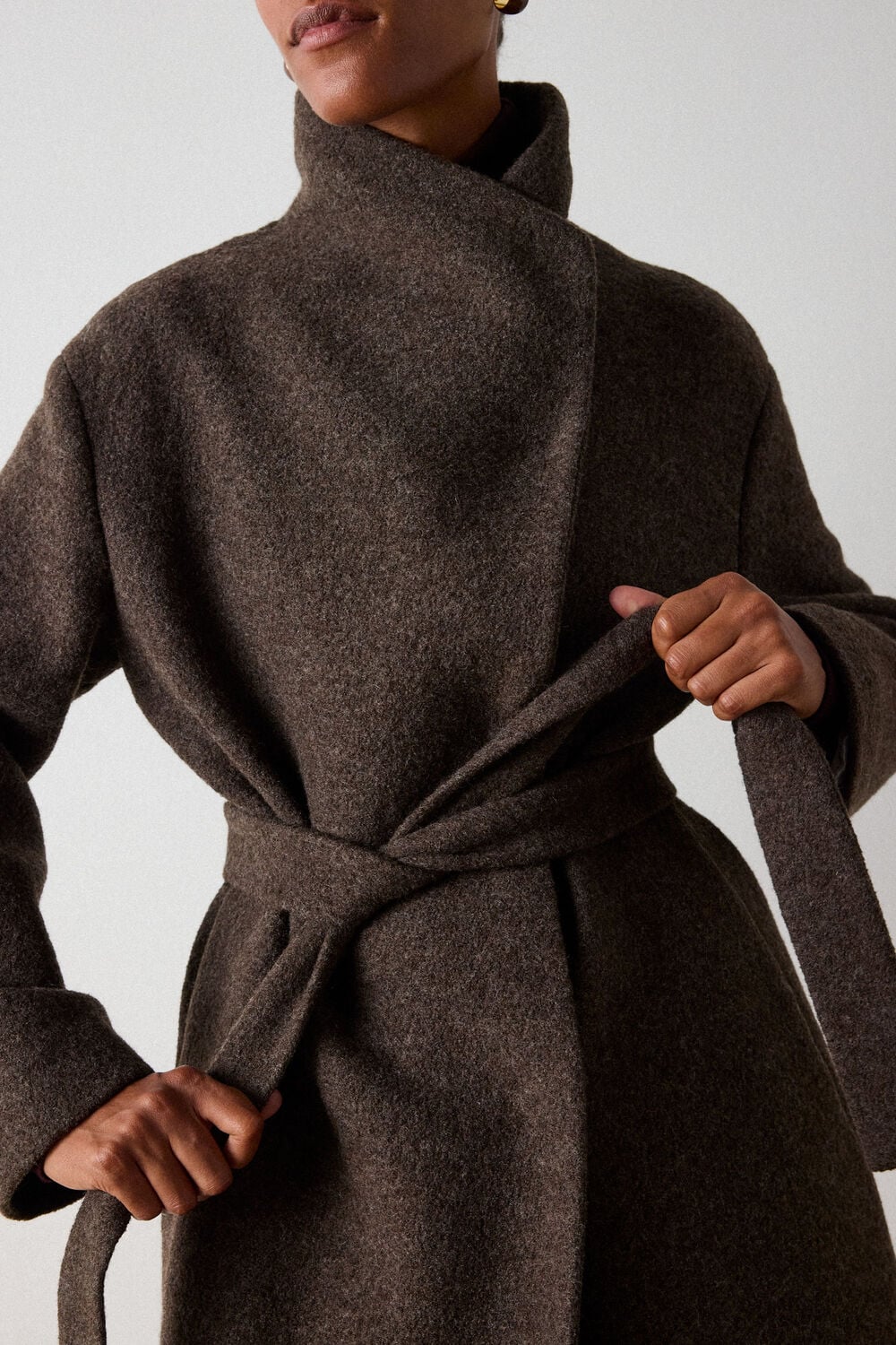 Taupe Petite Morgana Wool Funnel Neck Belted Wrap Coat