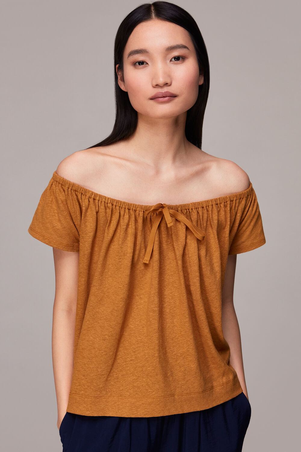 Rust Drawstring Linen Bardot Top