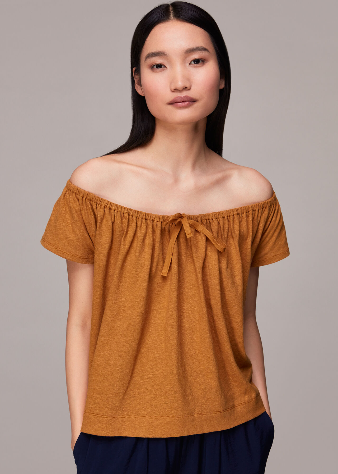 Drawstring Linen Bardot Top