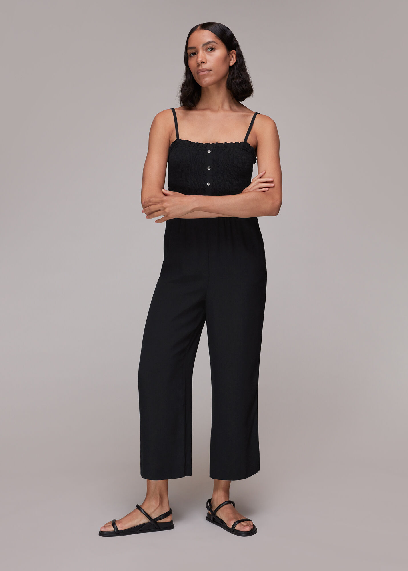 Black Nadia Shirred Jumpsuit | WHISTLES | Whistles UK |
