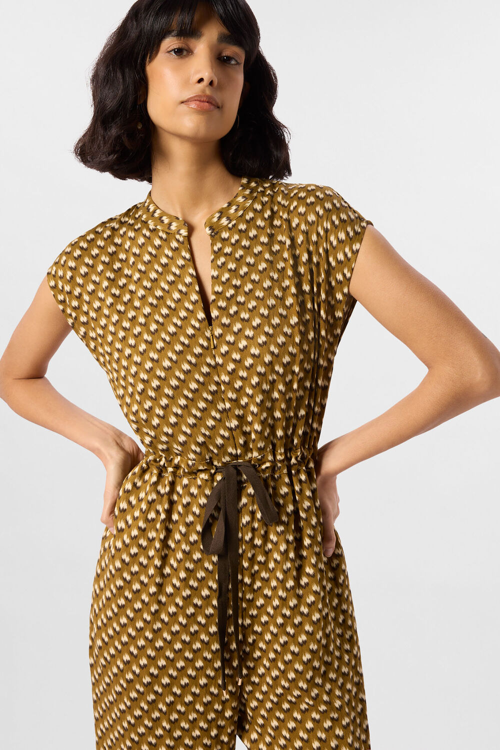 Khaki Ikat Spot Sleeveless Jumpsuit