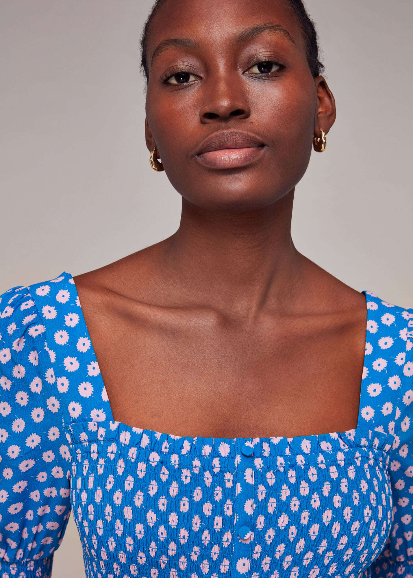 Blue/Multi Floral Sunburst Shirred Dress WHISTLES Whistles UK