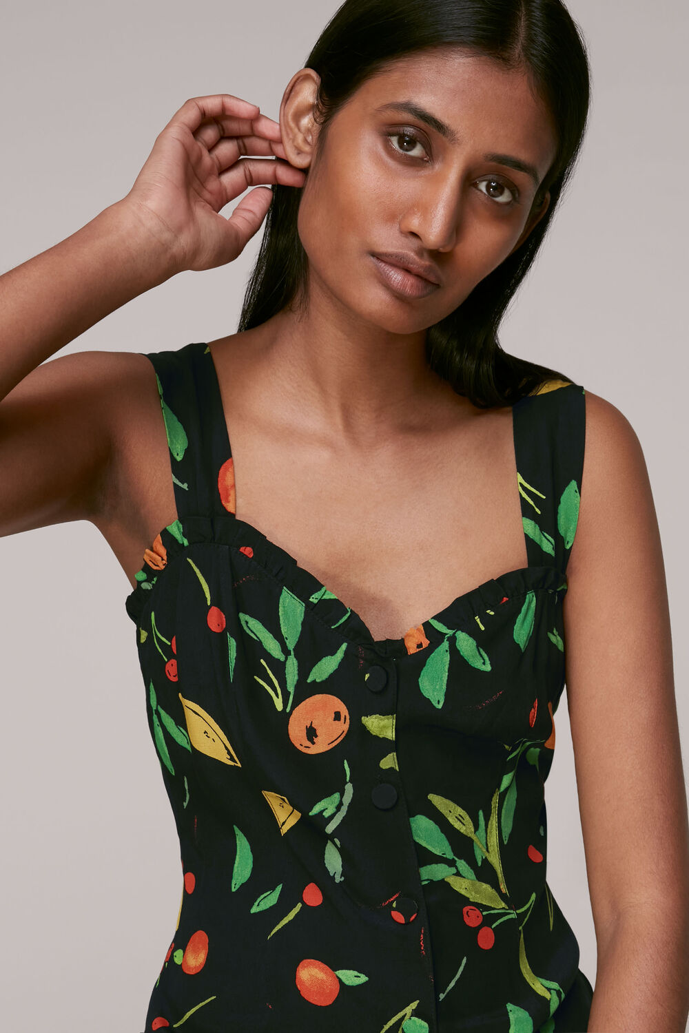 Black Fruit Print Frill Dress