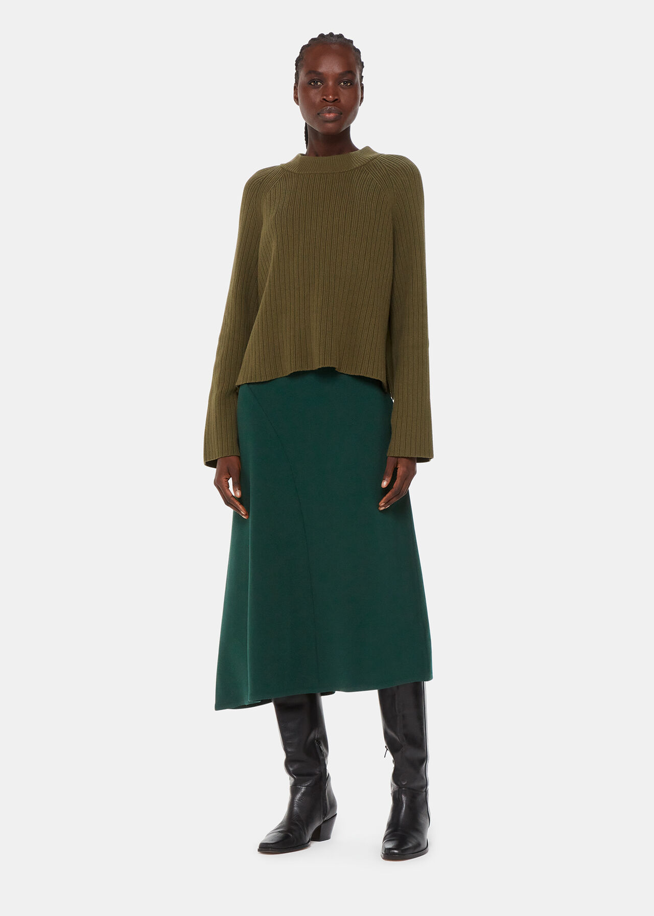 Forest Green Ottoman Rib Curved Hem Skirt | WHISTLES
