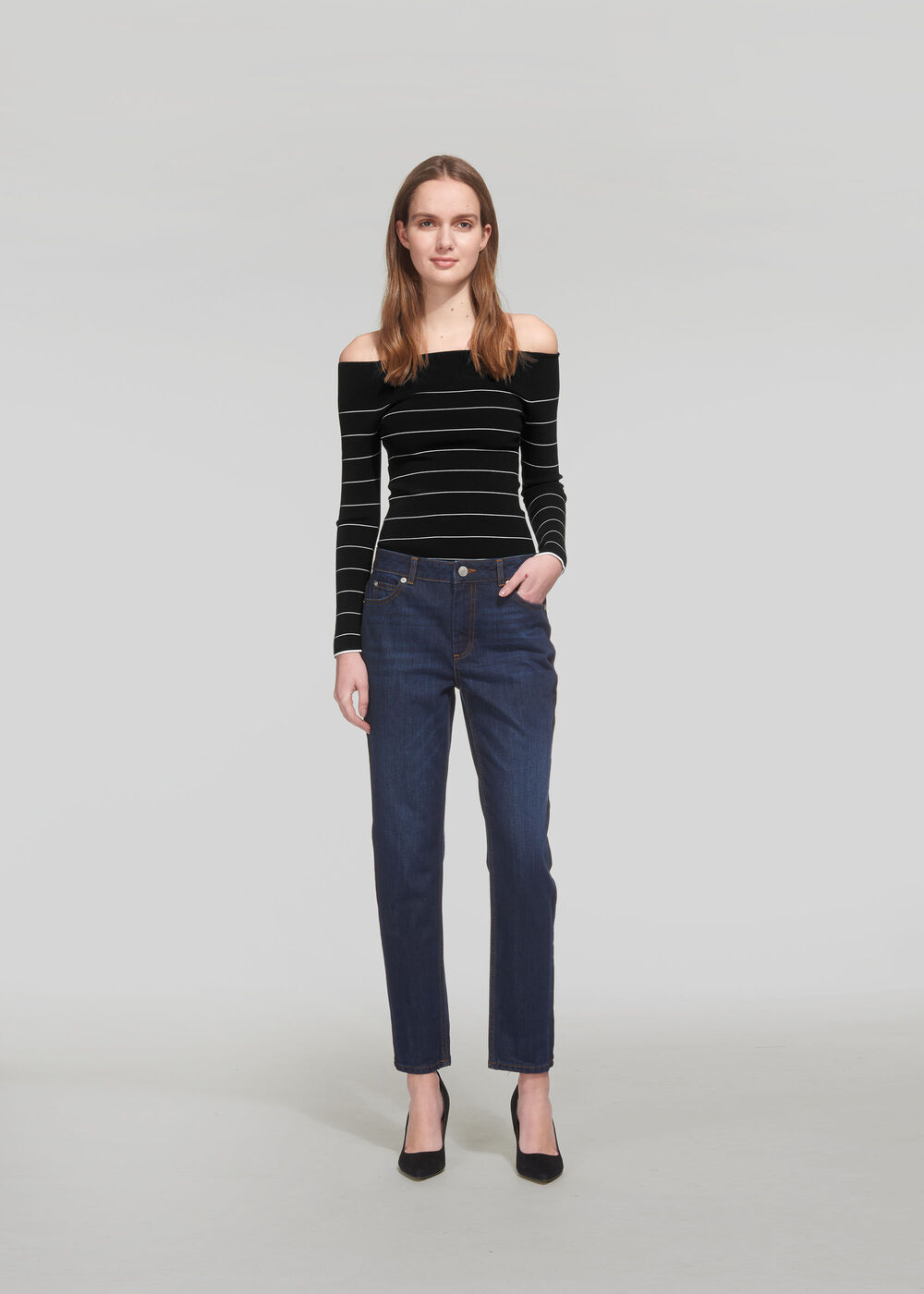 Fine Stripe Bardot Knit Black