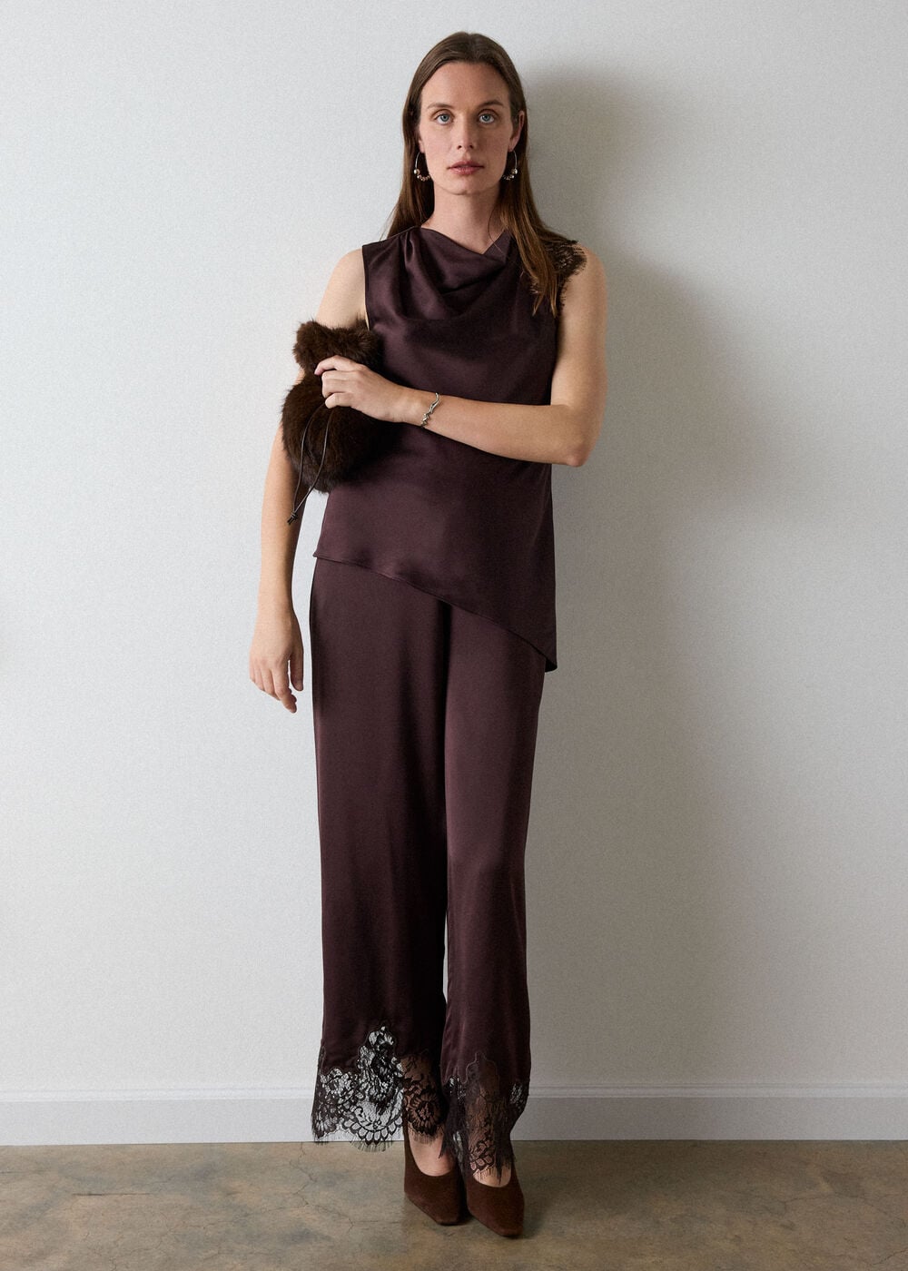 Satin Lace Trim Trouser