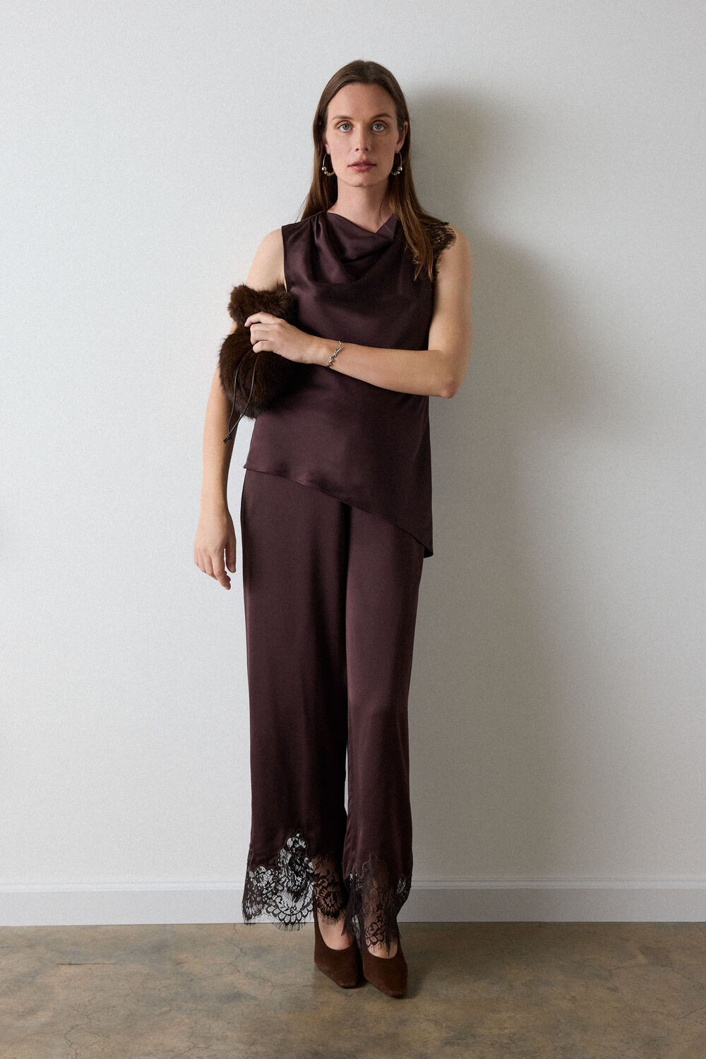 Chocolate Satin Lace Trim Trouser