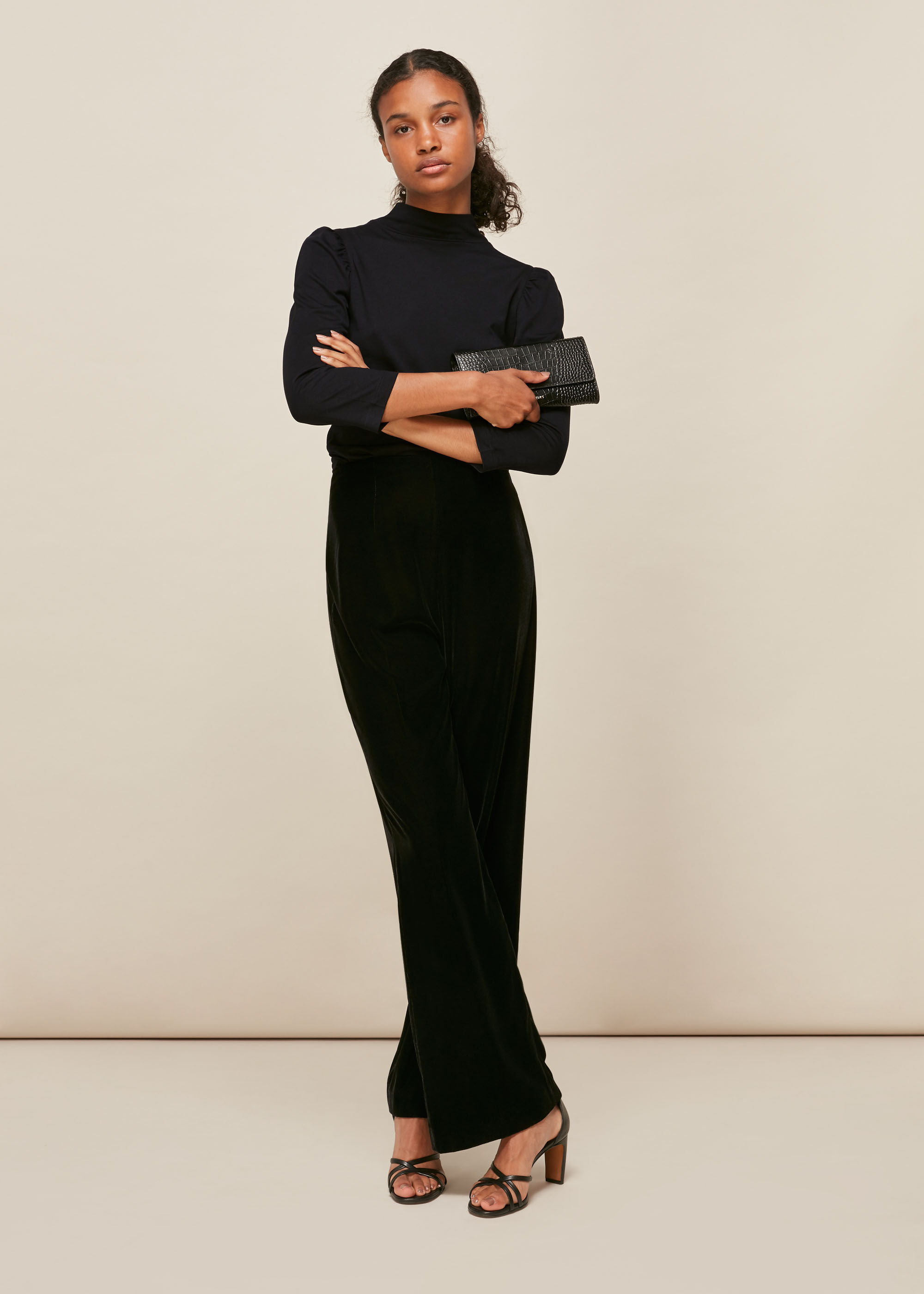 Black High Neck Puff Sleeve Top | WHISTLES | Whistles US |