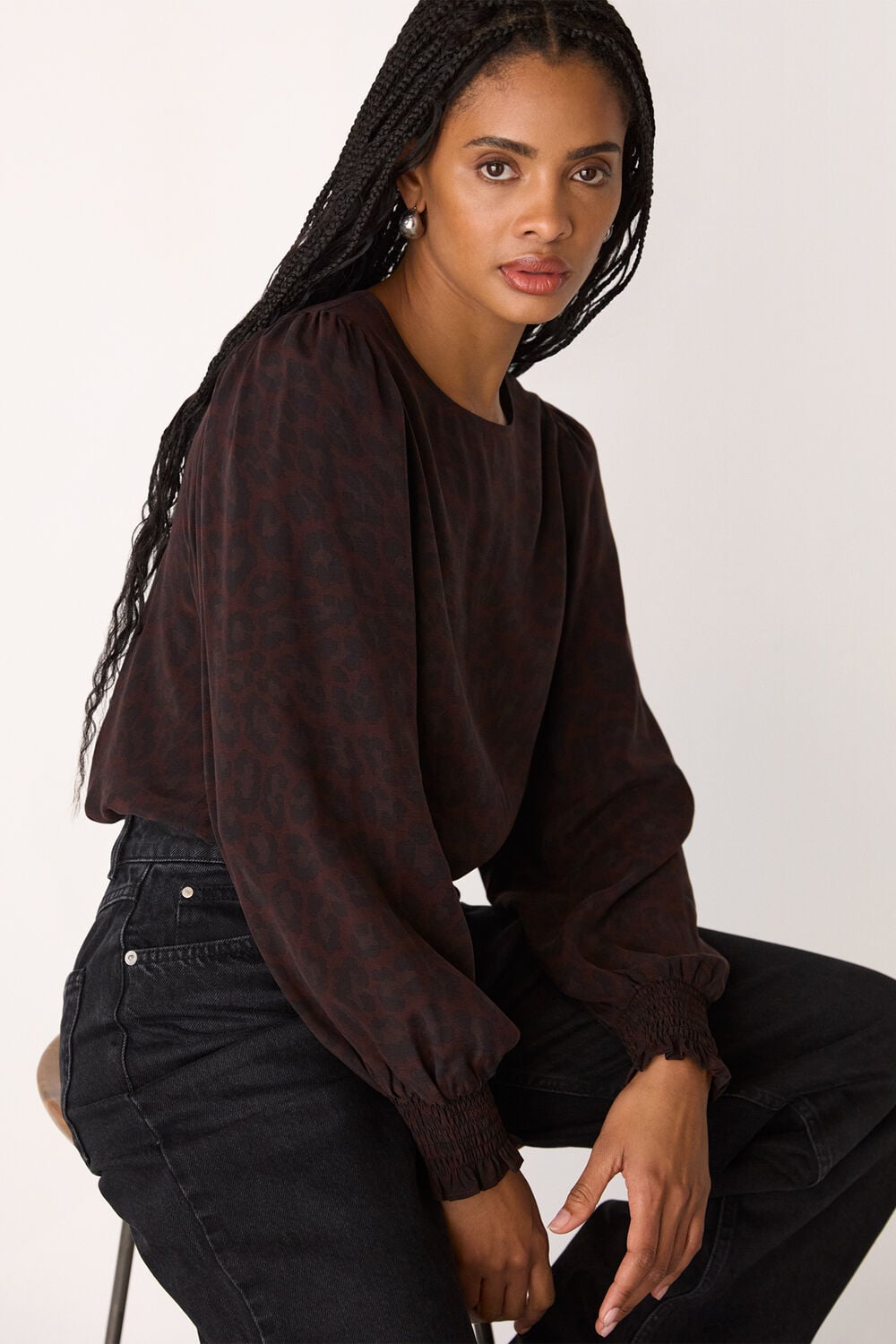 Leopard Shirred Cuff Blouse