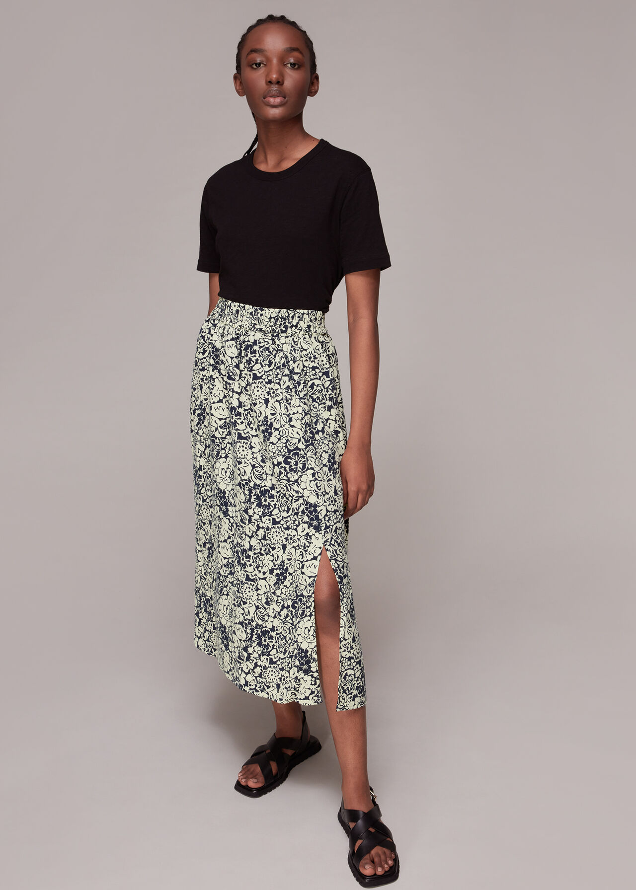 Navy/Multi Graphic Floral Pull On Skirt | WHISTLES | Whistles UK