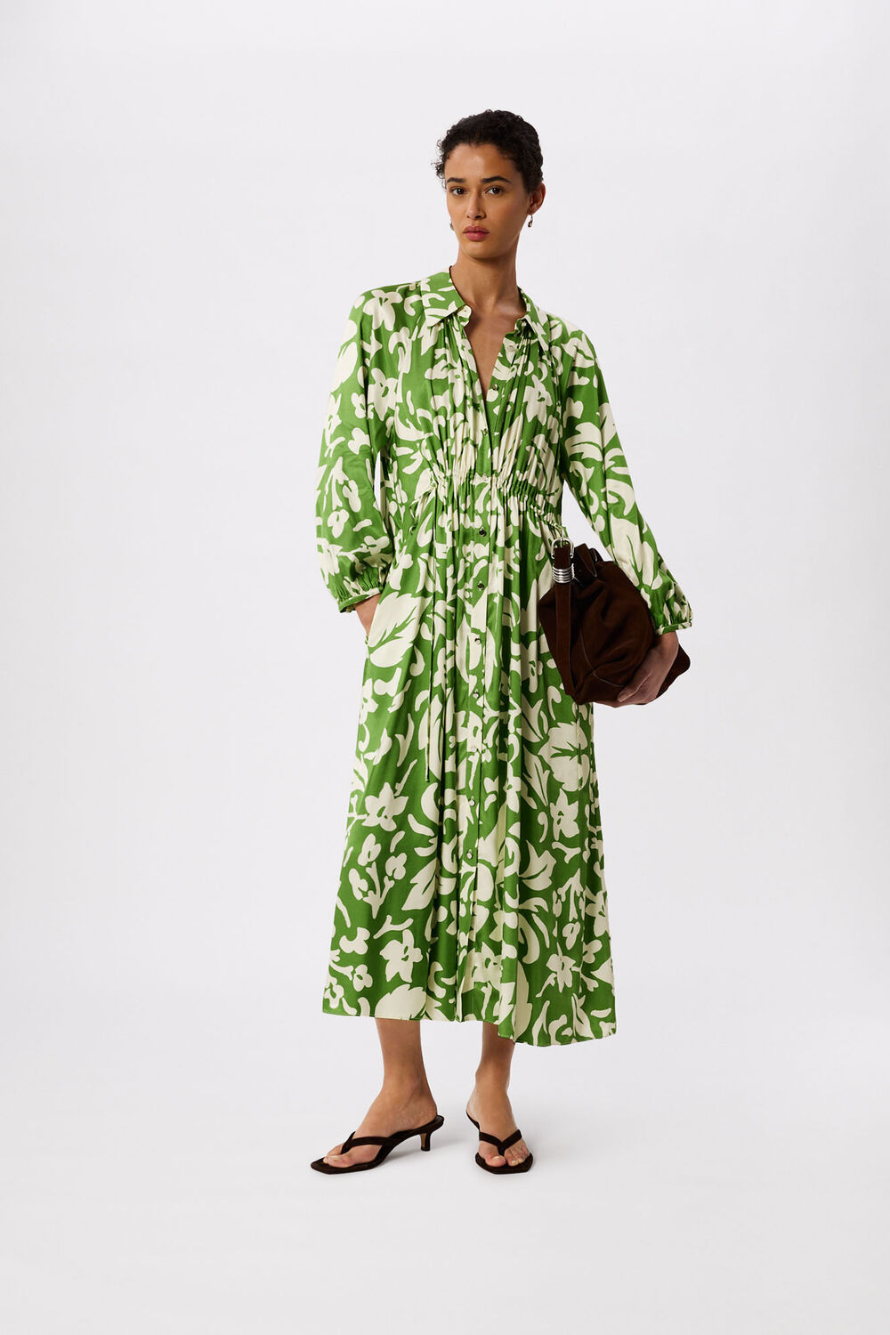 Green Floral Trapeze Shirt Dress