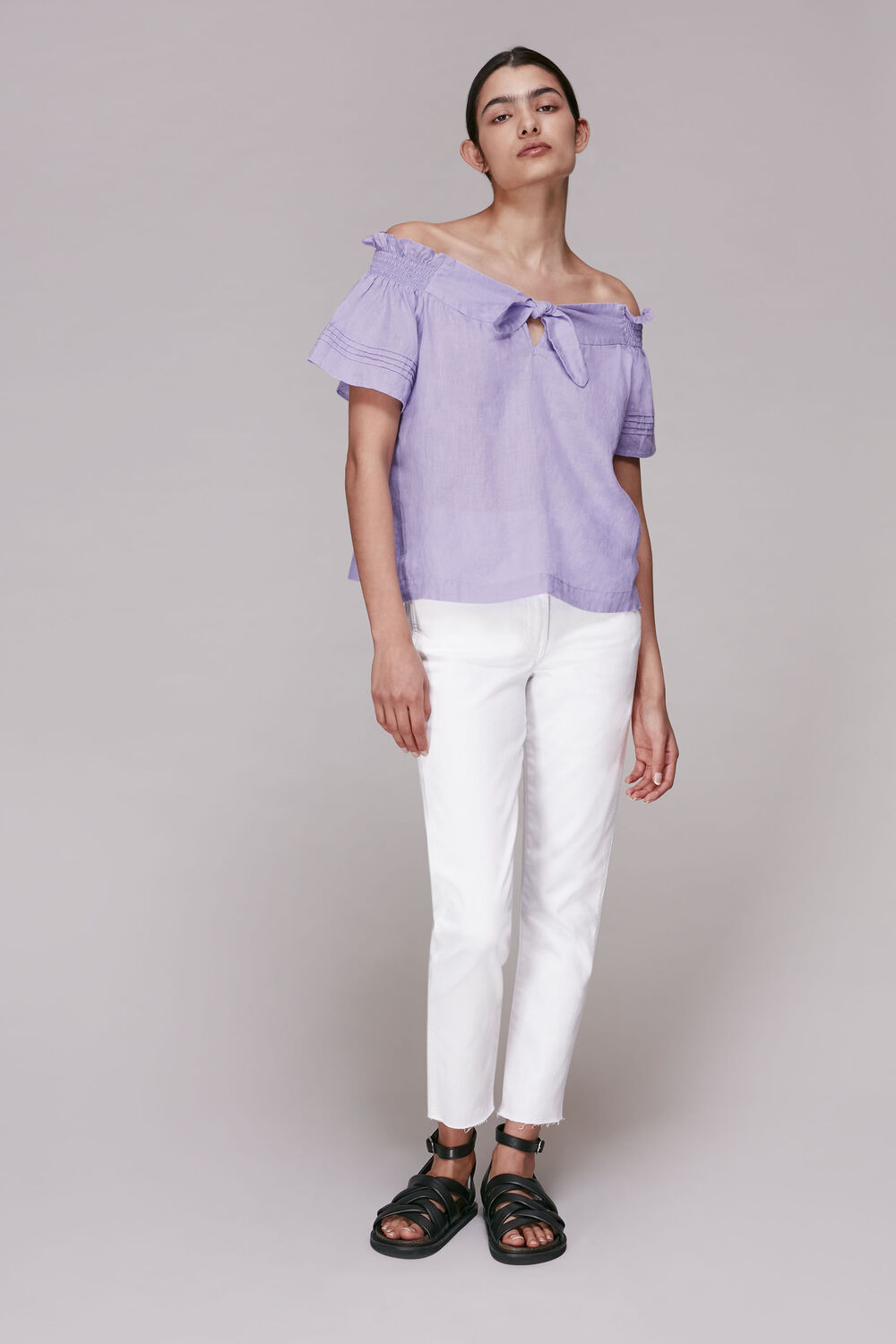 Tie Front Bardot Linen Top Lilac