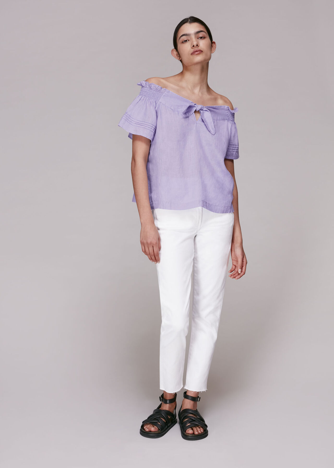 Tie Front Bardot Linen Top Lilac