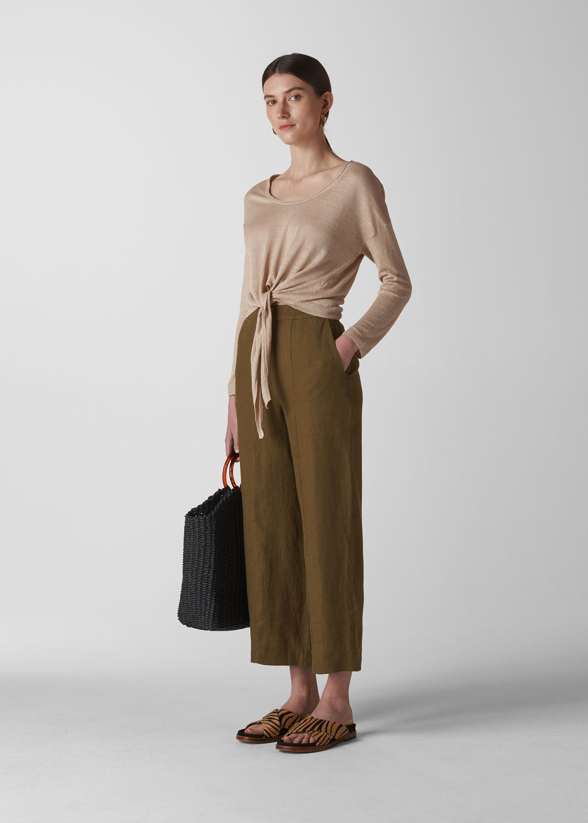 Linen cropped trousers on sale