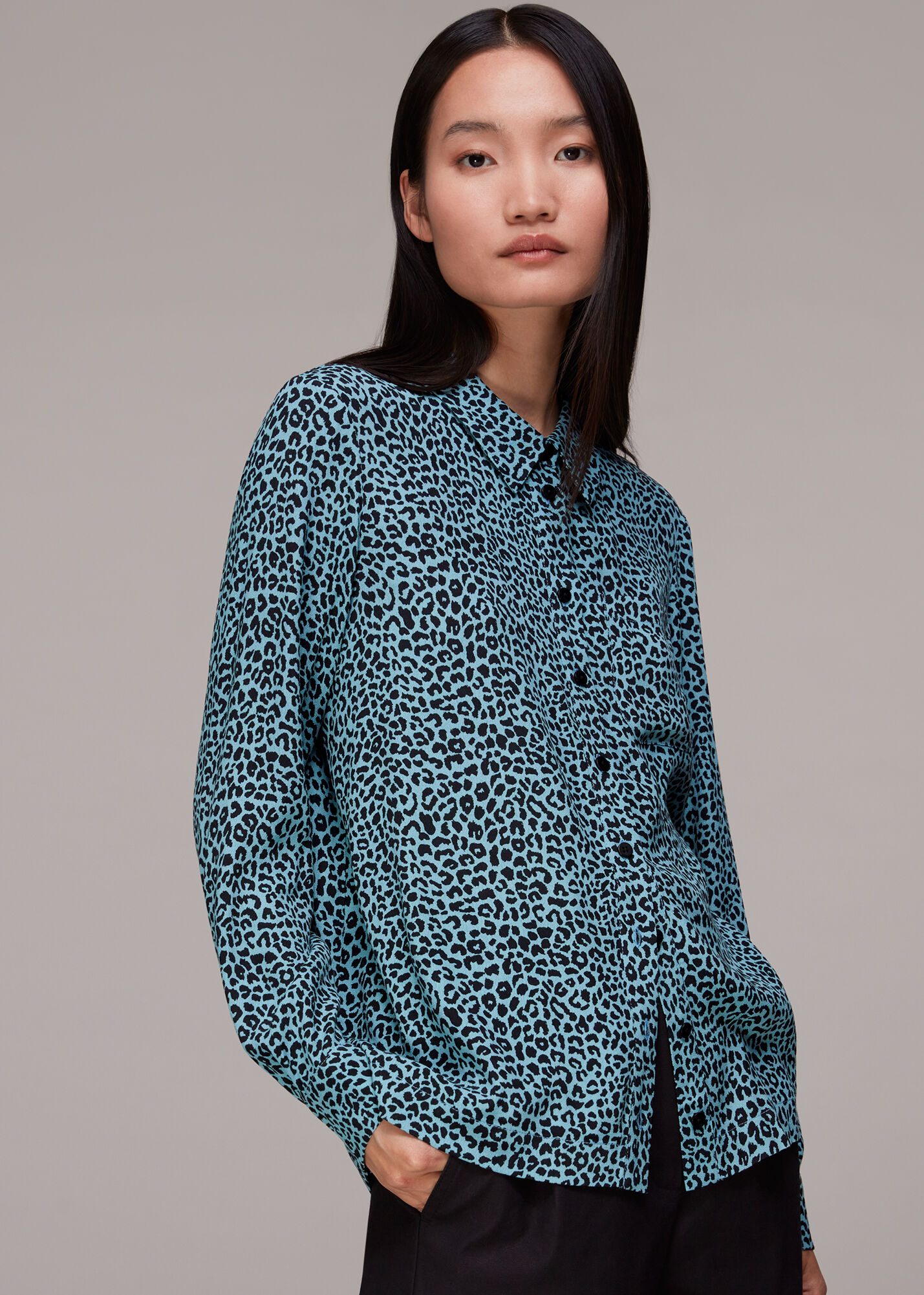 Blue Multi Contrast Leopard Print Shirt WHISTLES