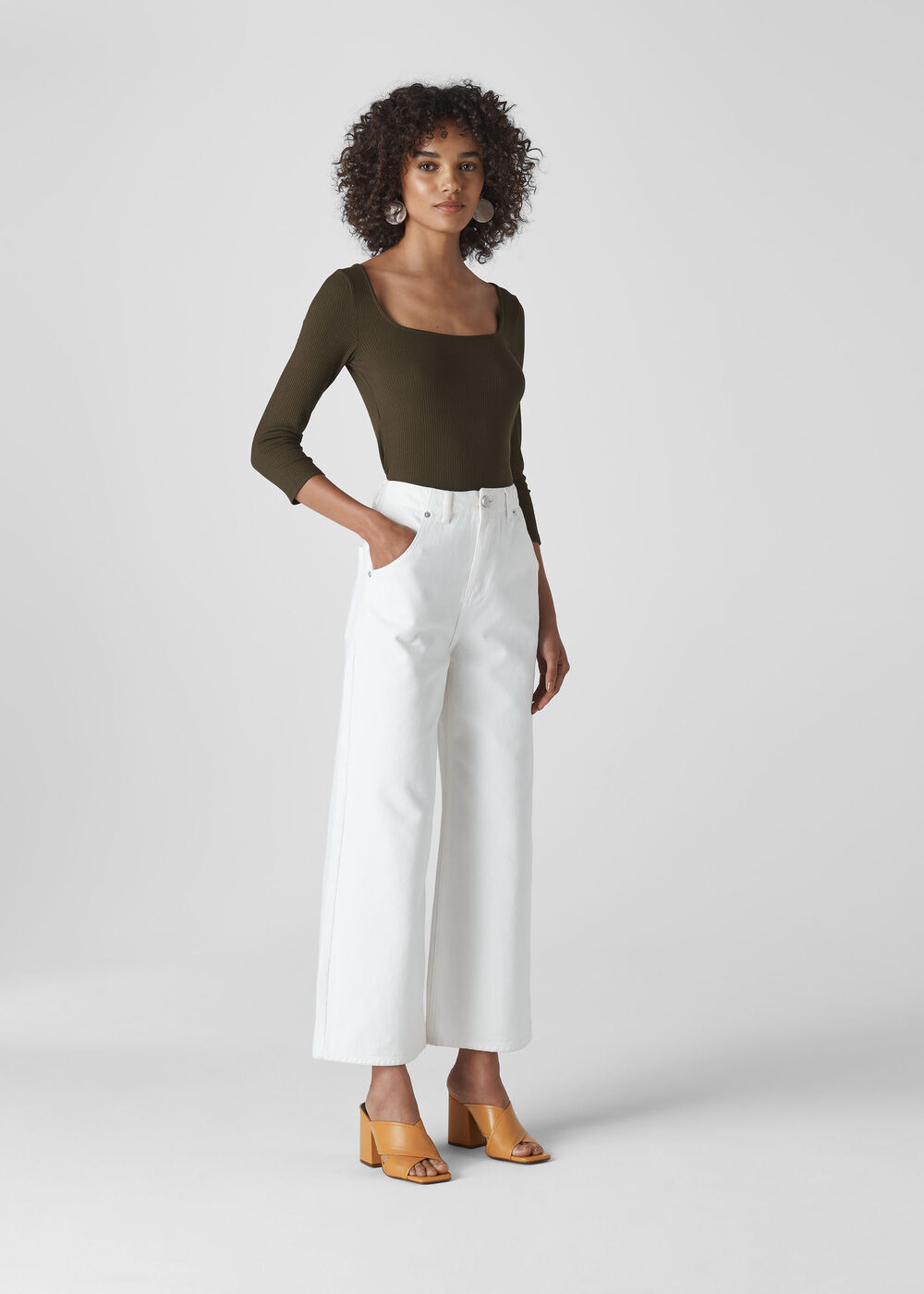 Square Neck Ribbed Top Khaki