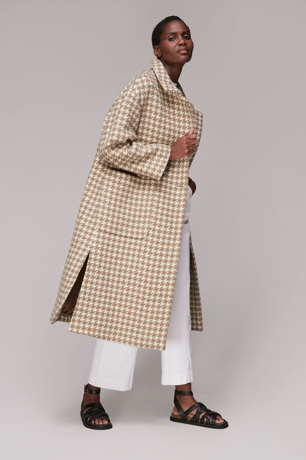 Dogstooth Funnel Neck Coat