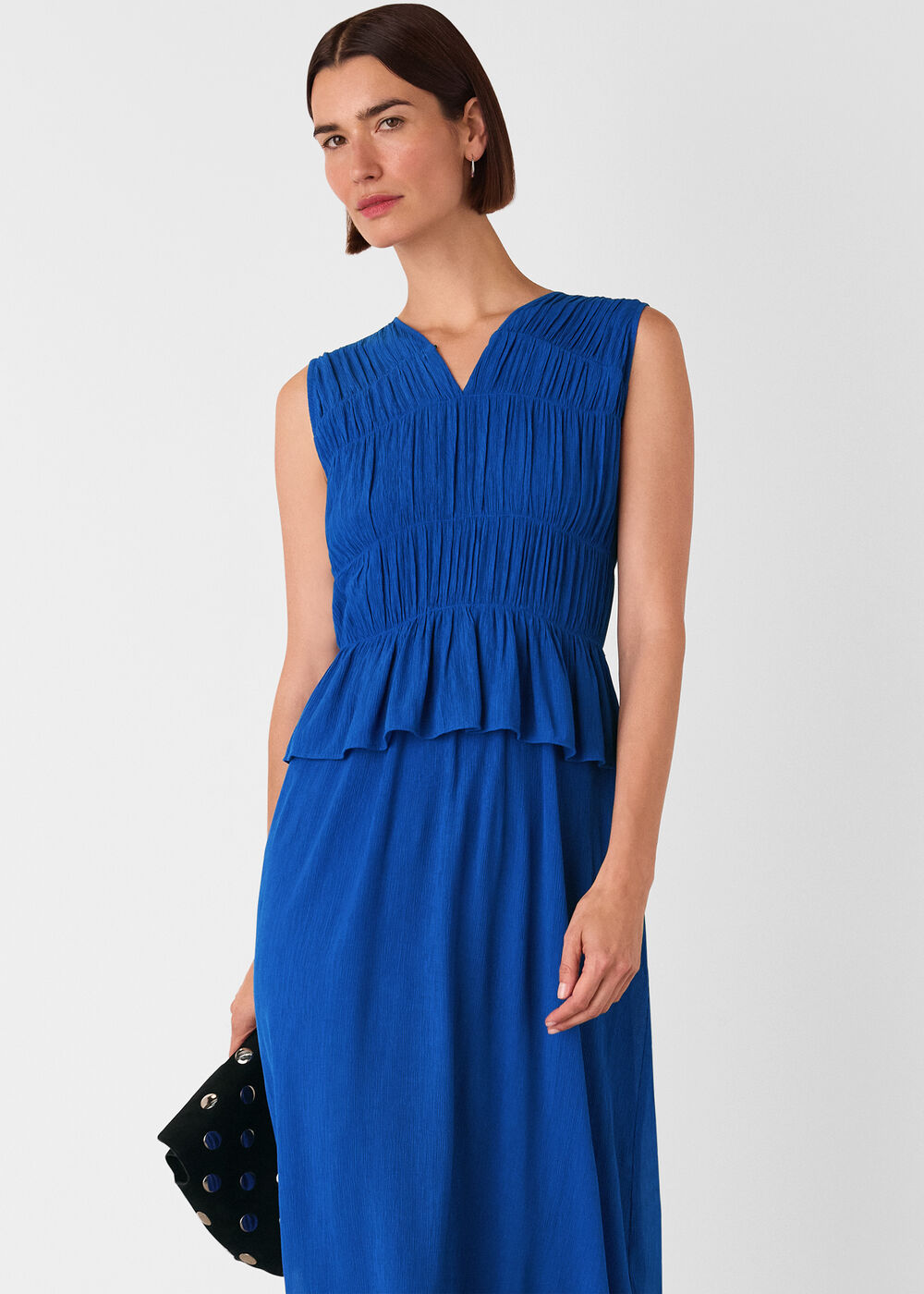 Shirred V Neck Midi Dress