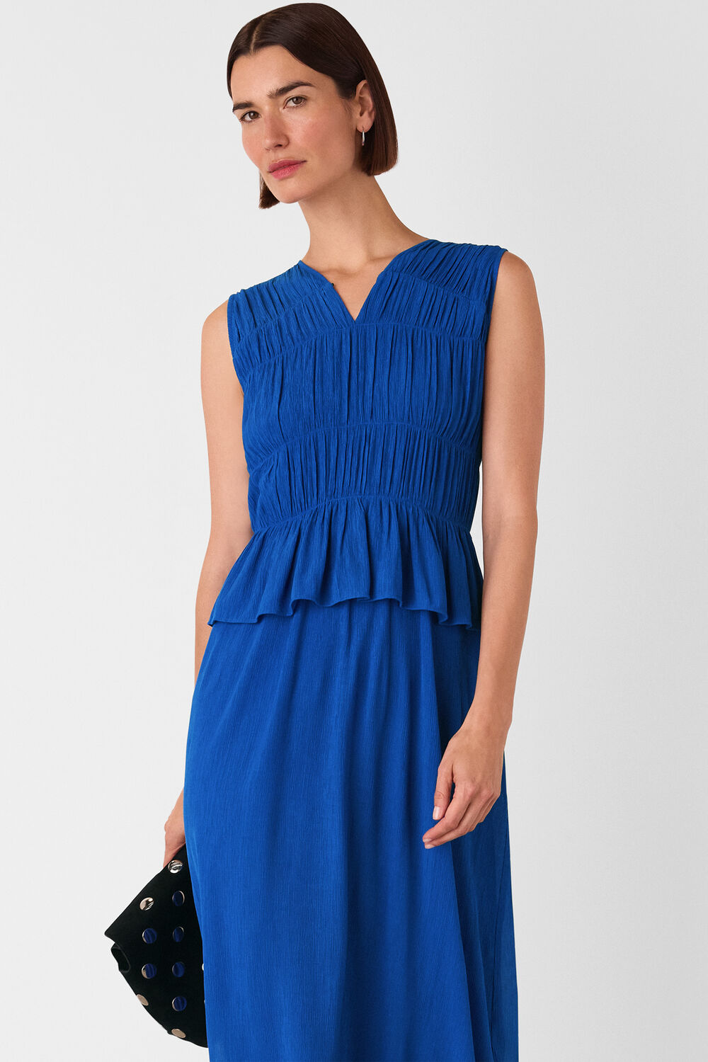 Cobalt Blue Shirred V Neck Midi Dress