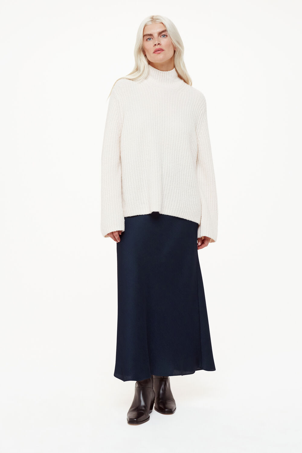 Navy Petite Satin Bias Cut Skirt
