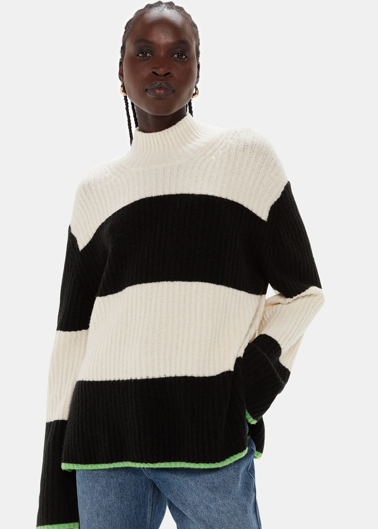 Block Stripe Rib Funnel Neck