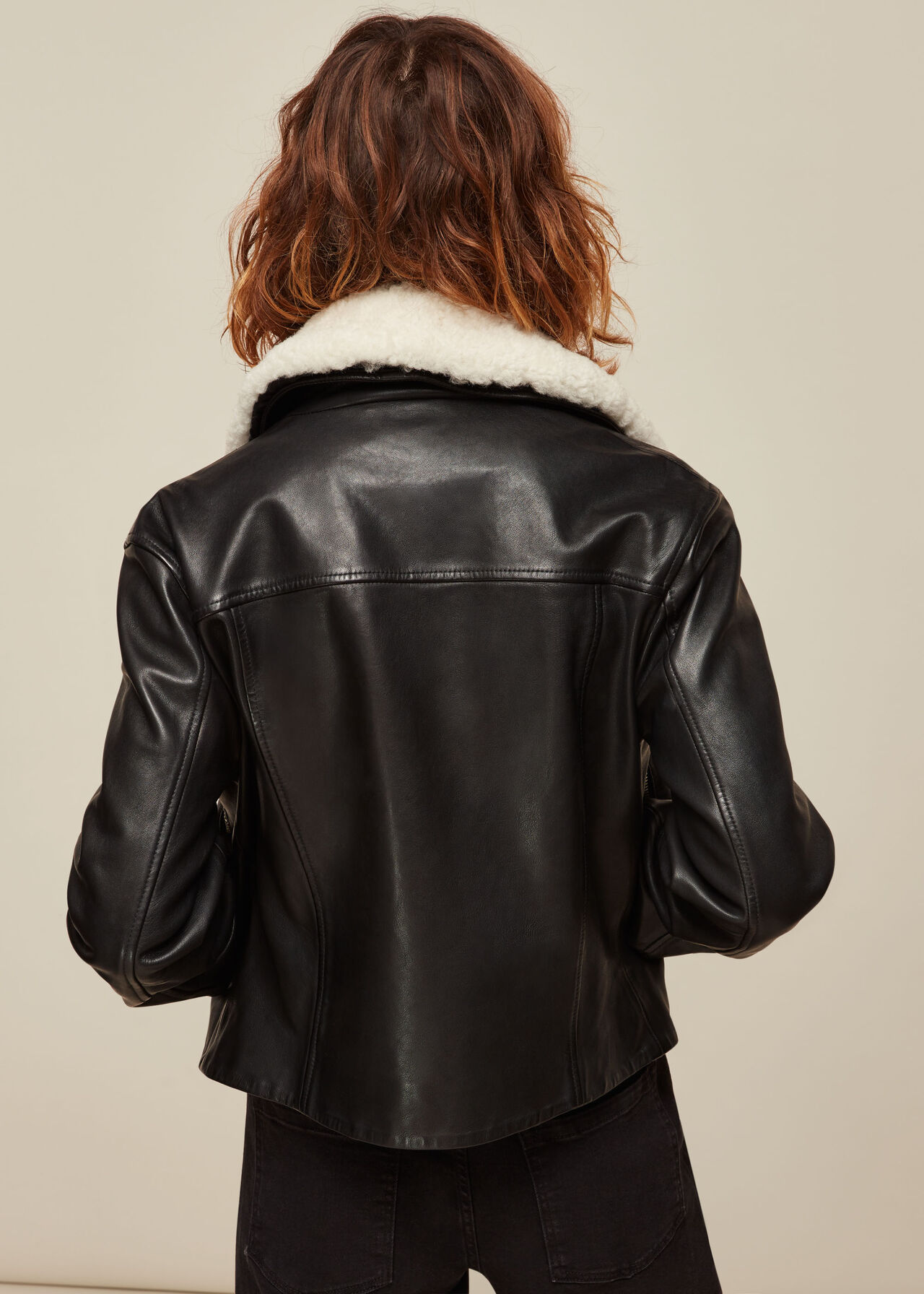 Borg Collar Leather Jacket Black