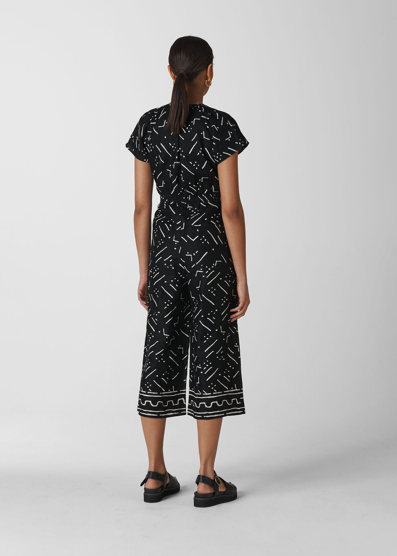 Kuba Print Etta Linen Jumpsuit Black and White