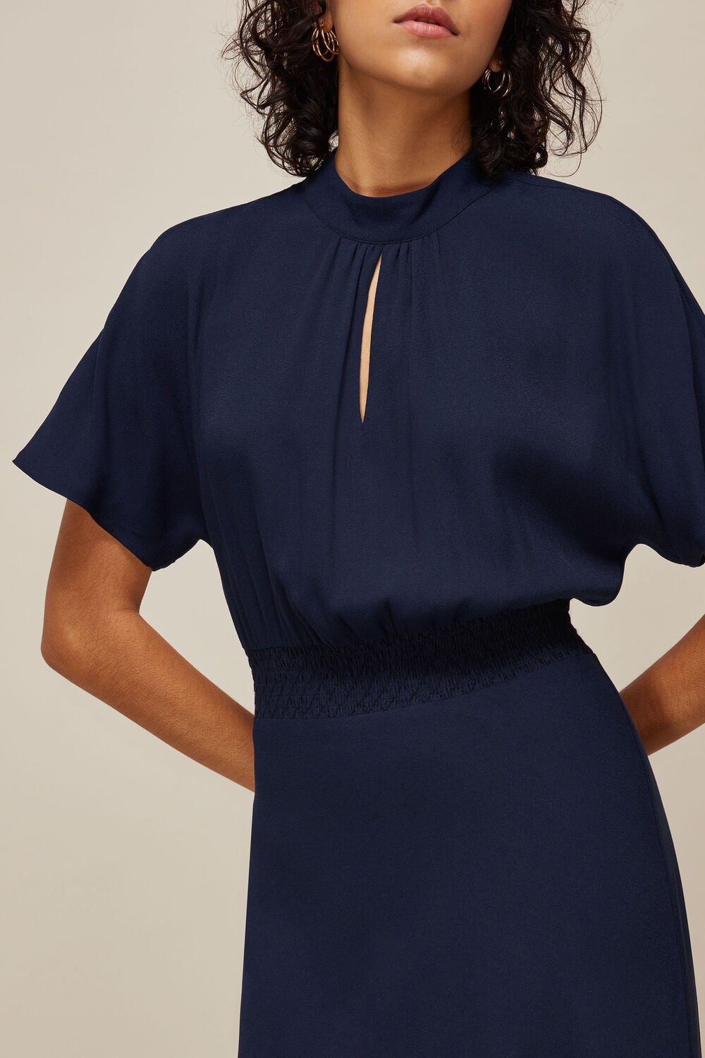 Shirred Waist Midi Dress Navy