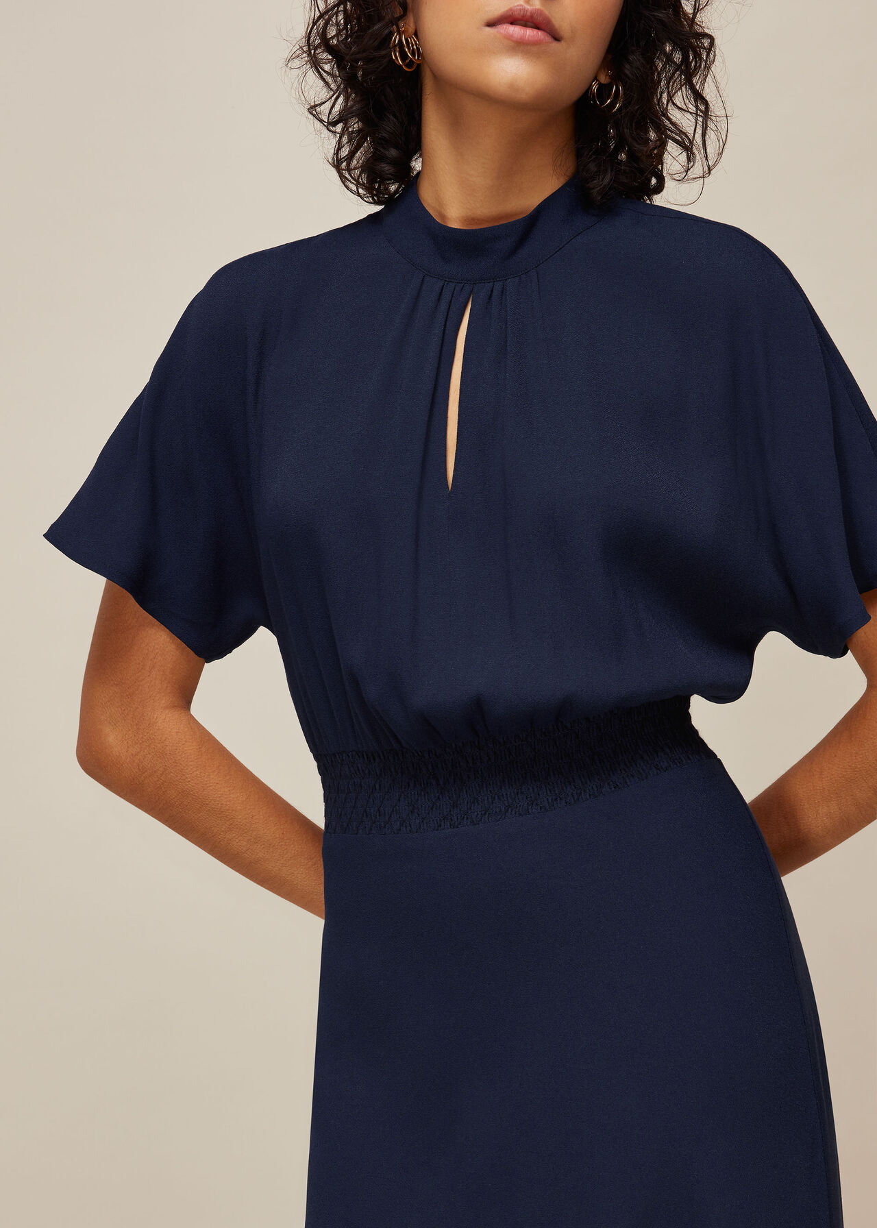 Shirred Waist Midi Dress Navy