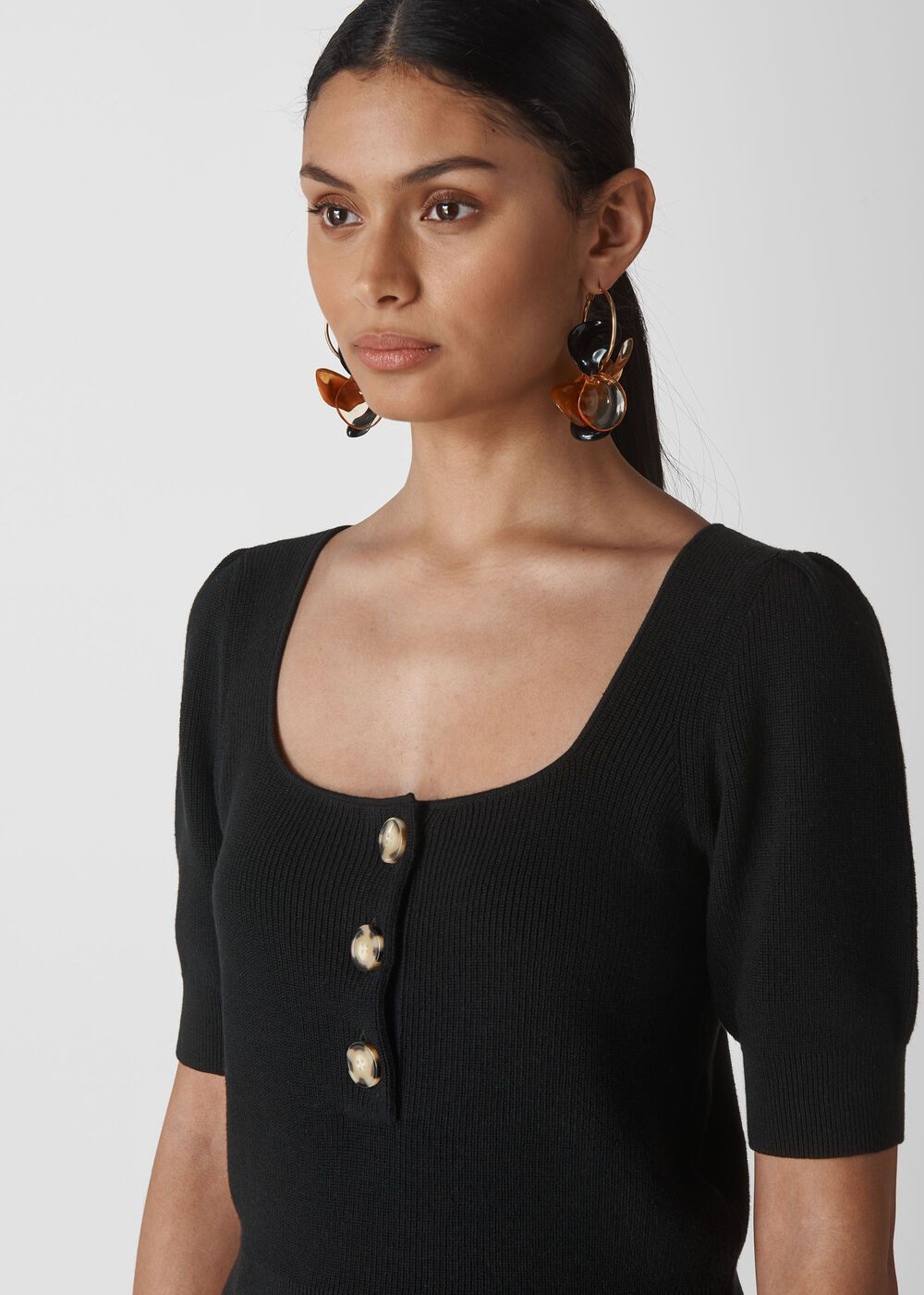 Square Neck Button Through Top Black