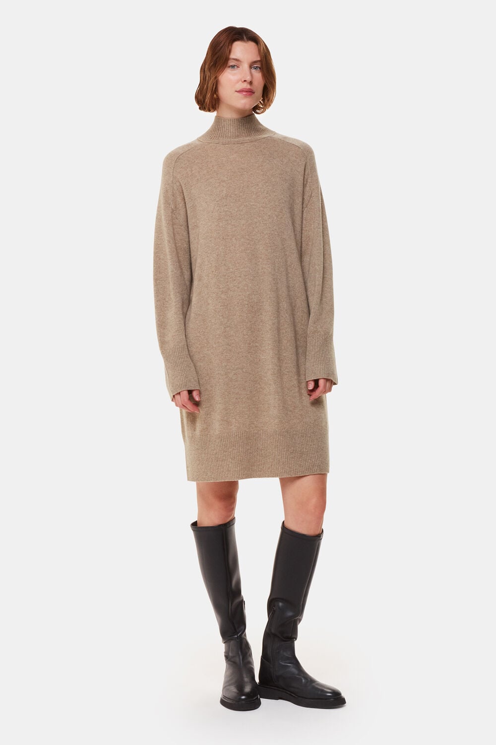 Oatmeal Cashmere Mock Neck Sweater Dress