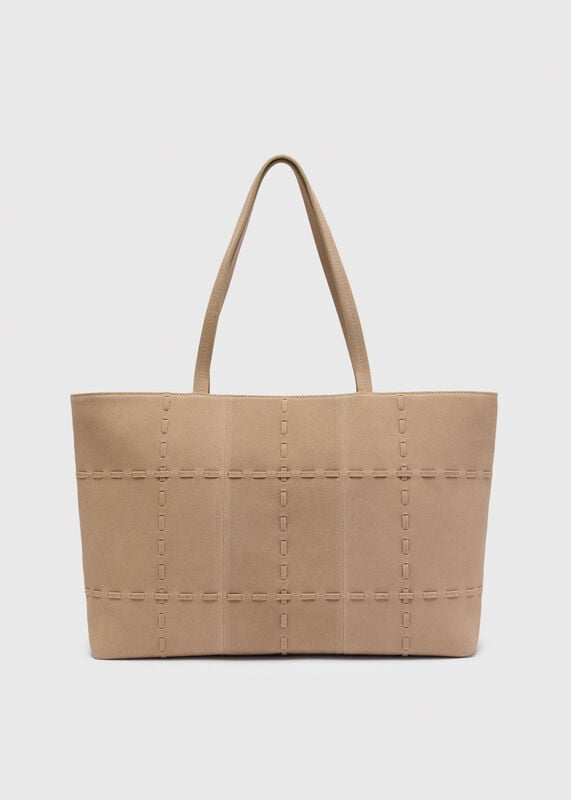 Neutral Suede Whipstitch Tote Bag