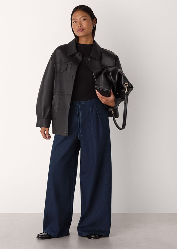Dark Denim Petite Cotton Wide Leg Pleat Trouser