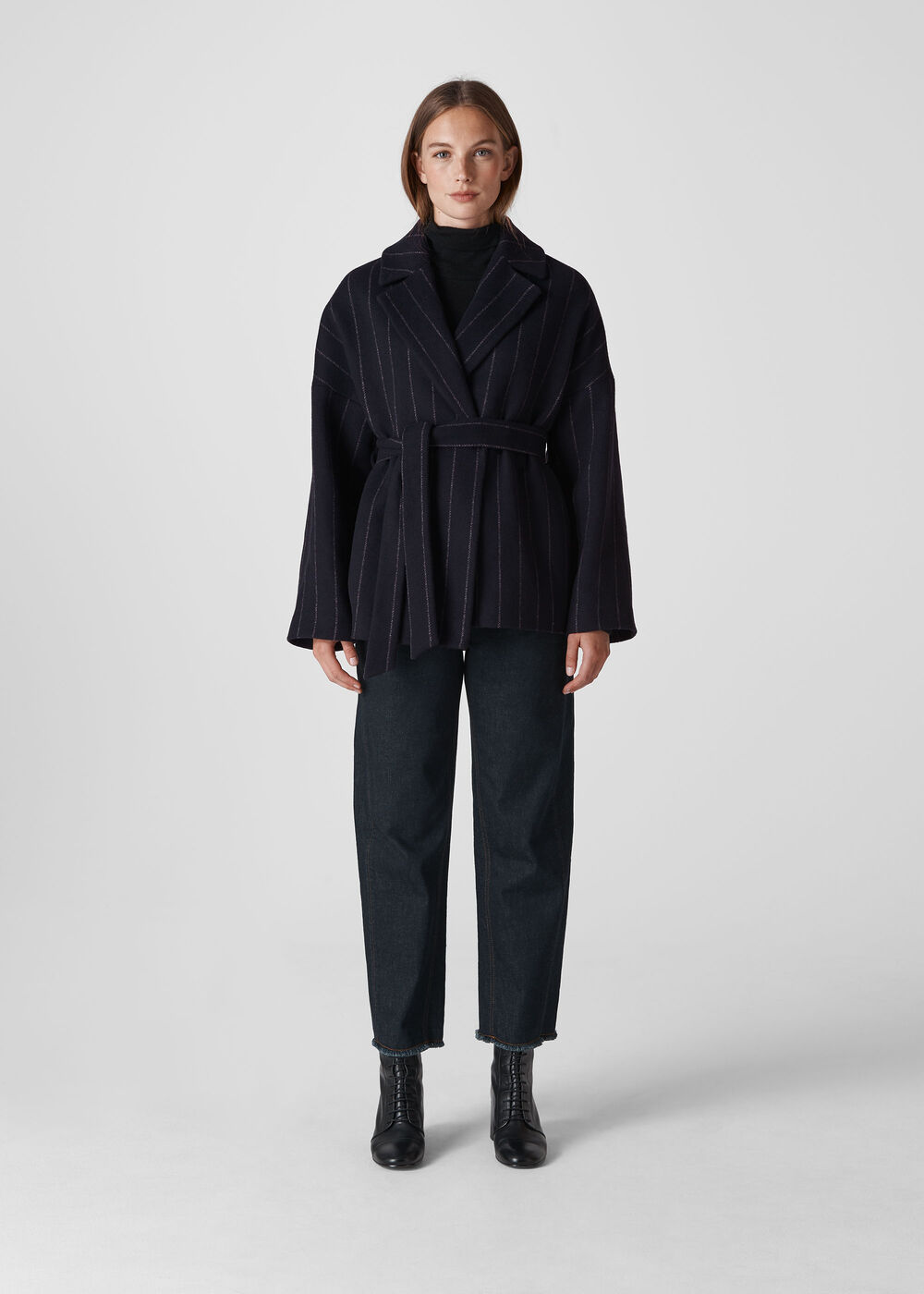 Stripe Belted Short Wrap Coat