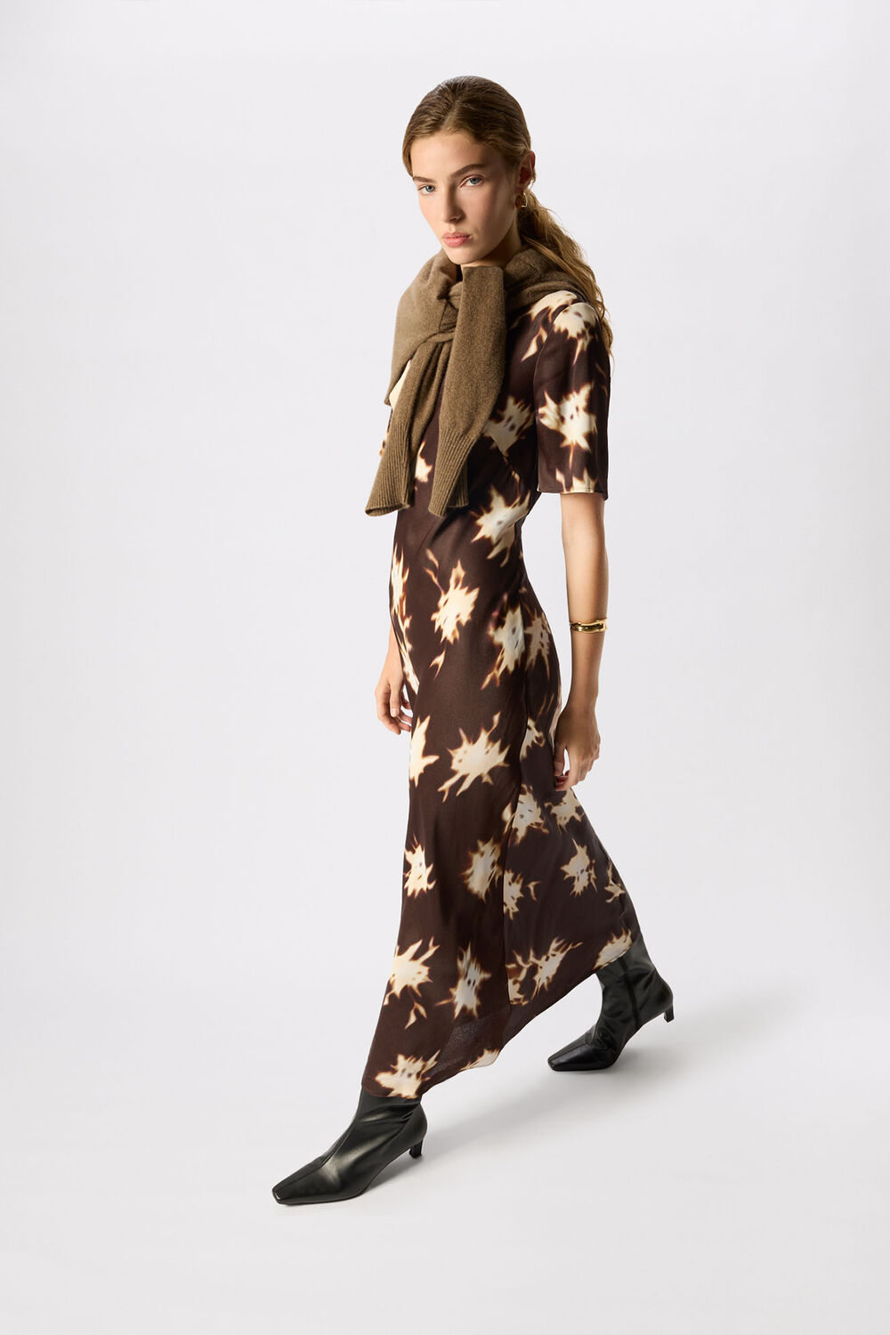Brown Shadow Floral Midi Dress