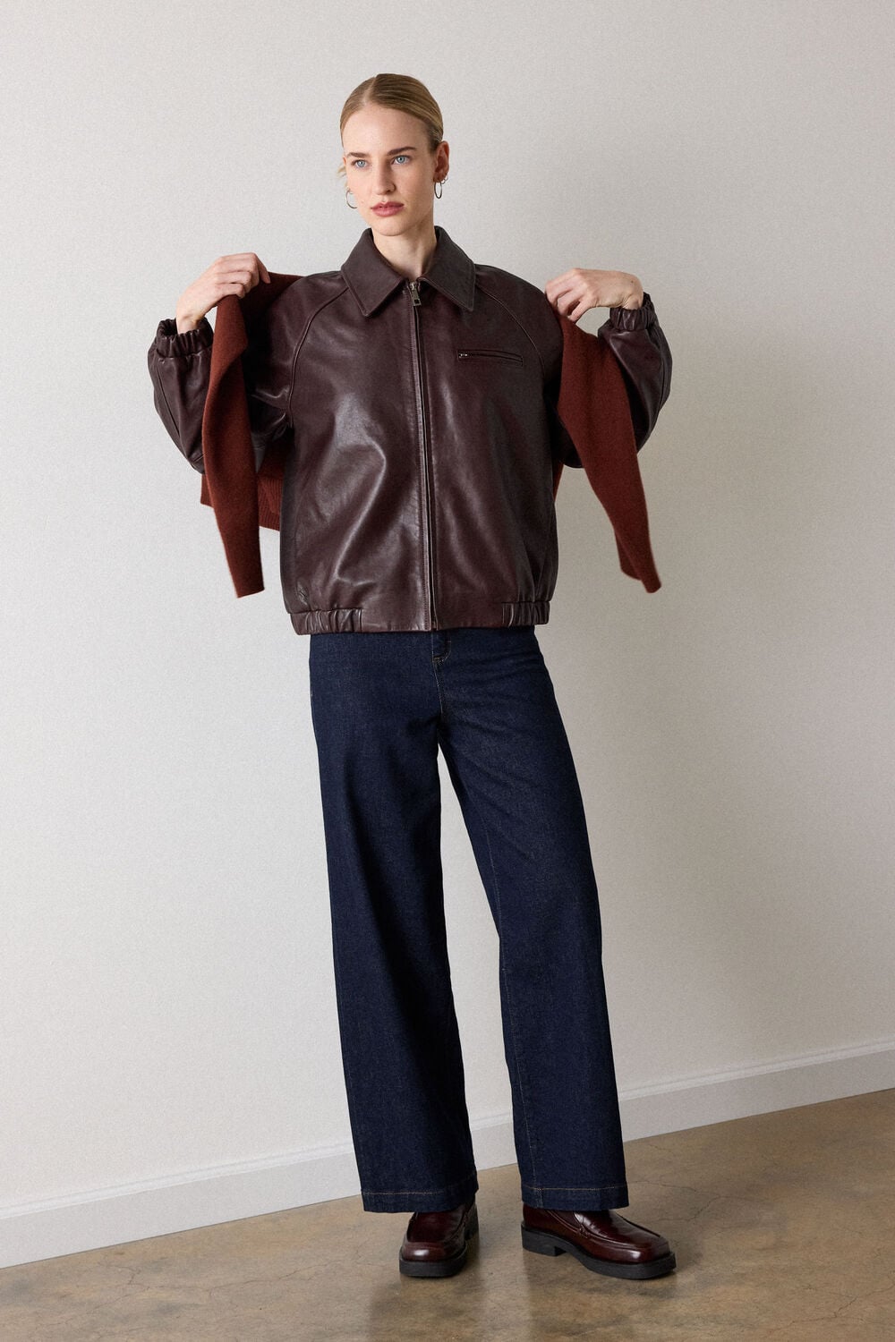 Burgundy Shearling Trim Leather Bomber