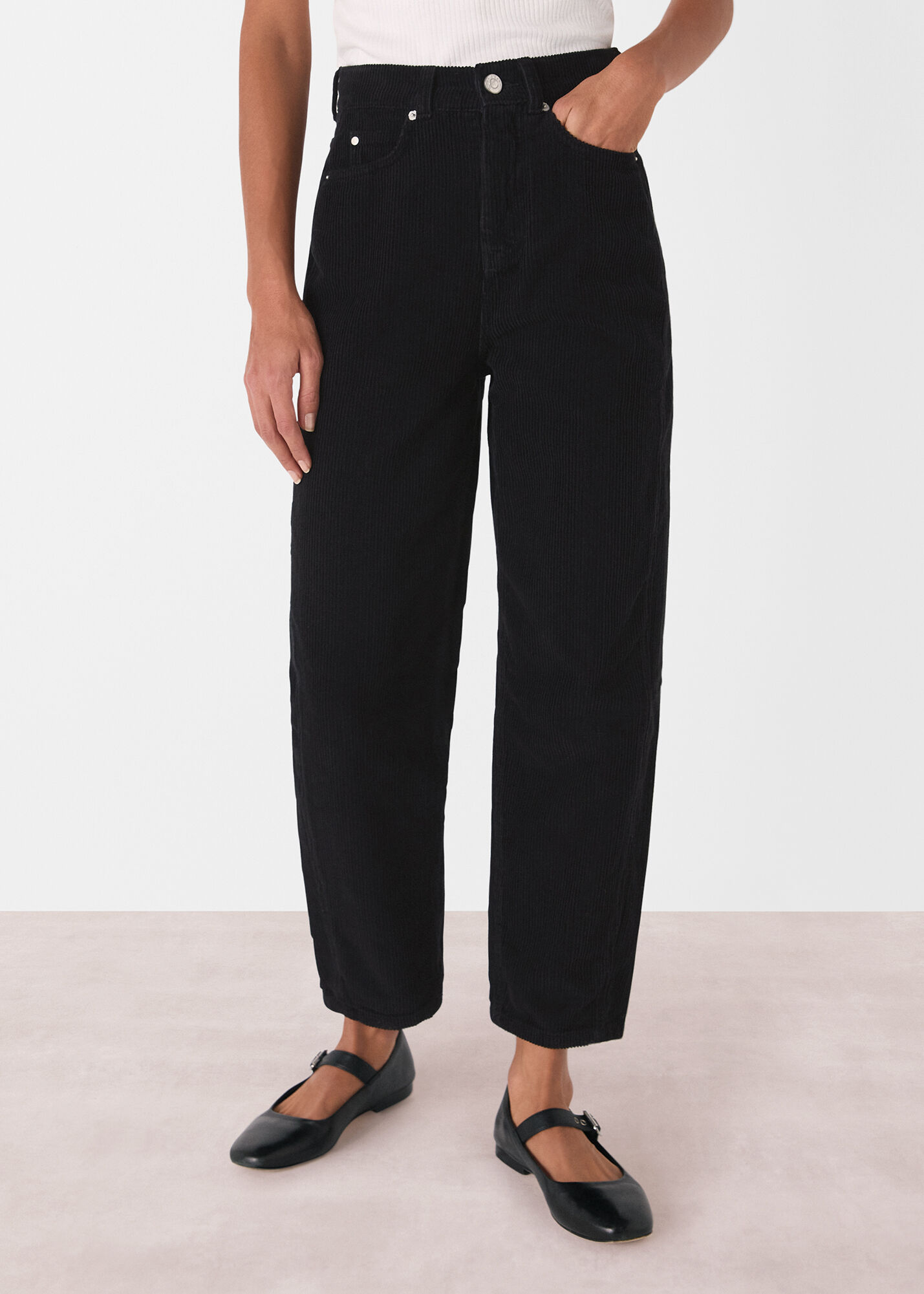 Black High Waist Cord Barrel Jean 