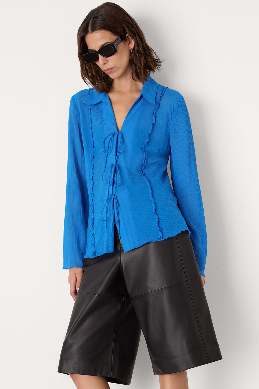 Blue Tie Front Textured Shirt