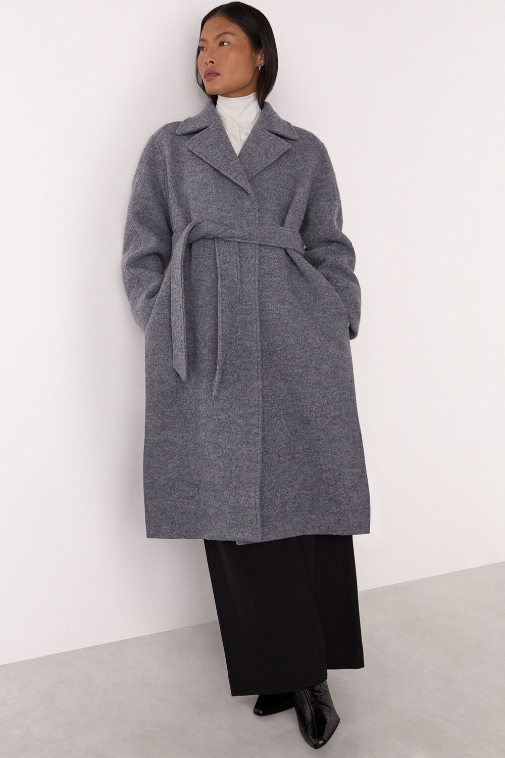 Grey Petite Long Belted Wool Coat