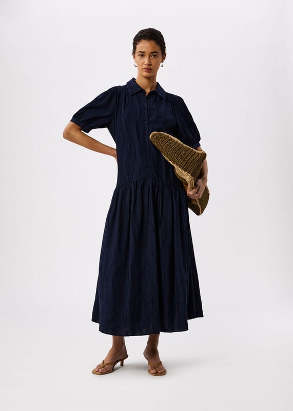 Navy Textured Drop Waist Midi Dress