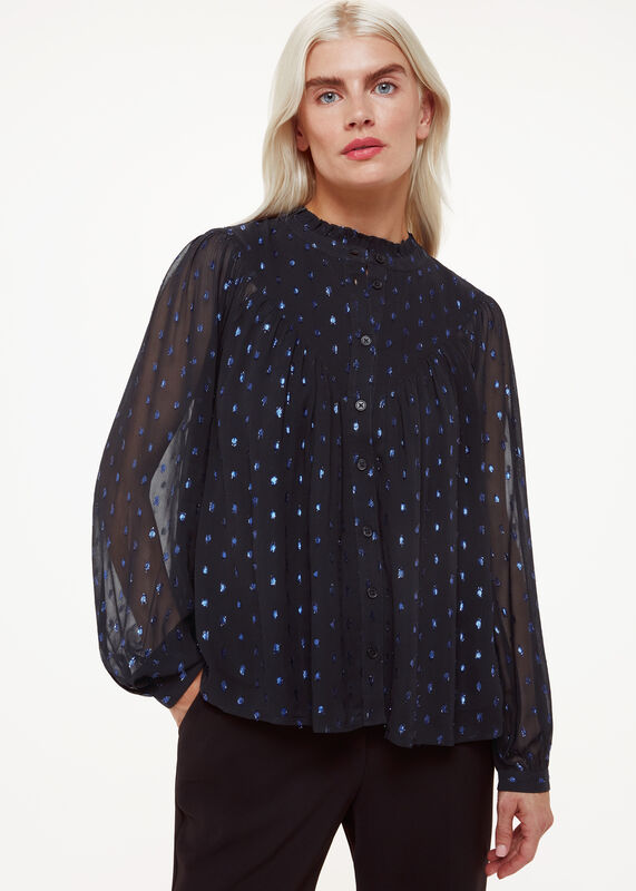 Navy Petite Mia Metallic Dobby Top