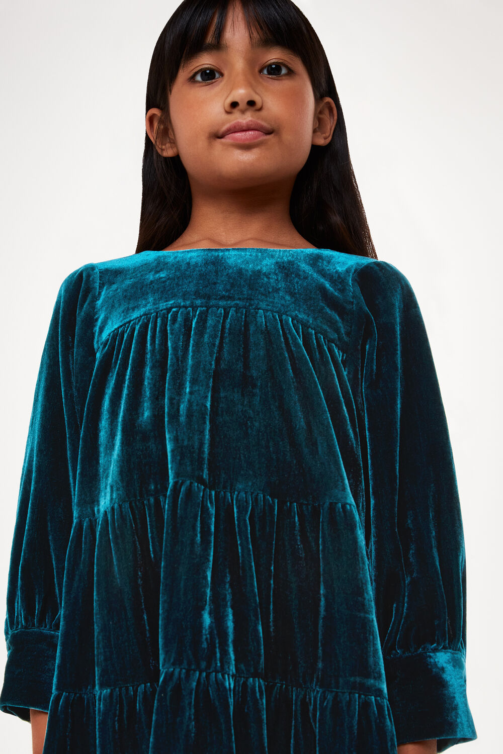 Teal Sawyer Tiered Velvet Dress