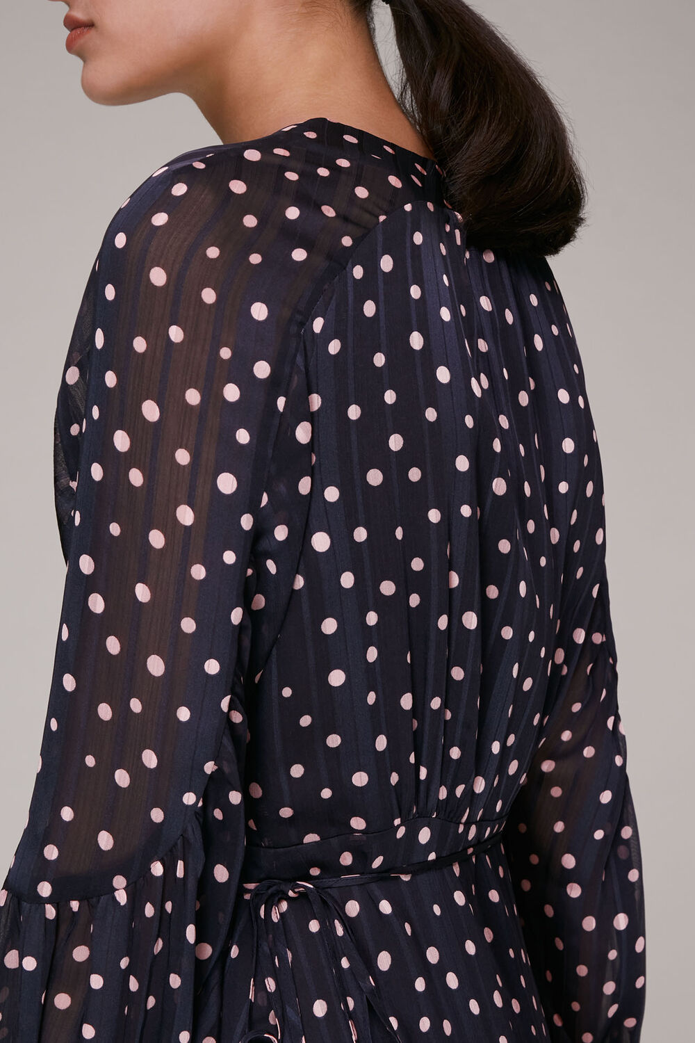 Blue Satin Stripe Spot Wrap Dress