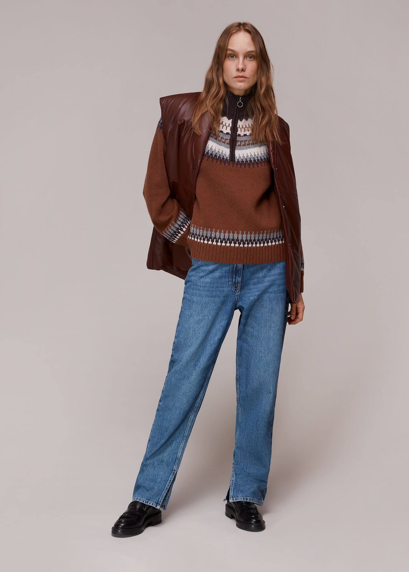 Brown Fairisle Zip Sweater | WHISTLES