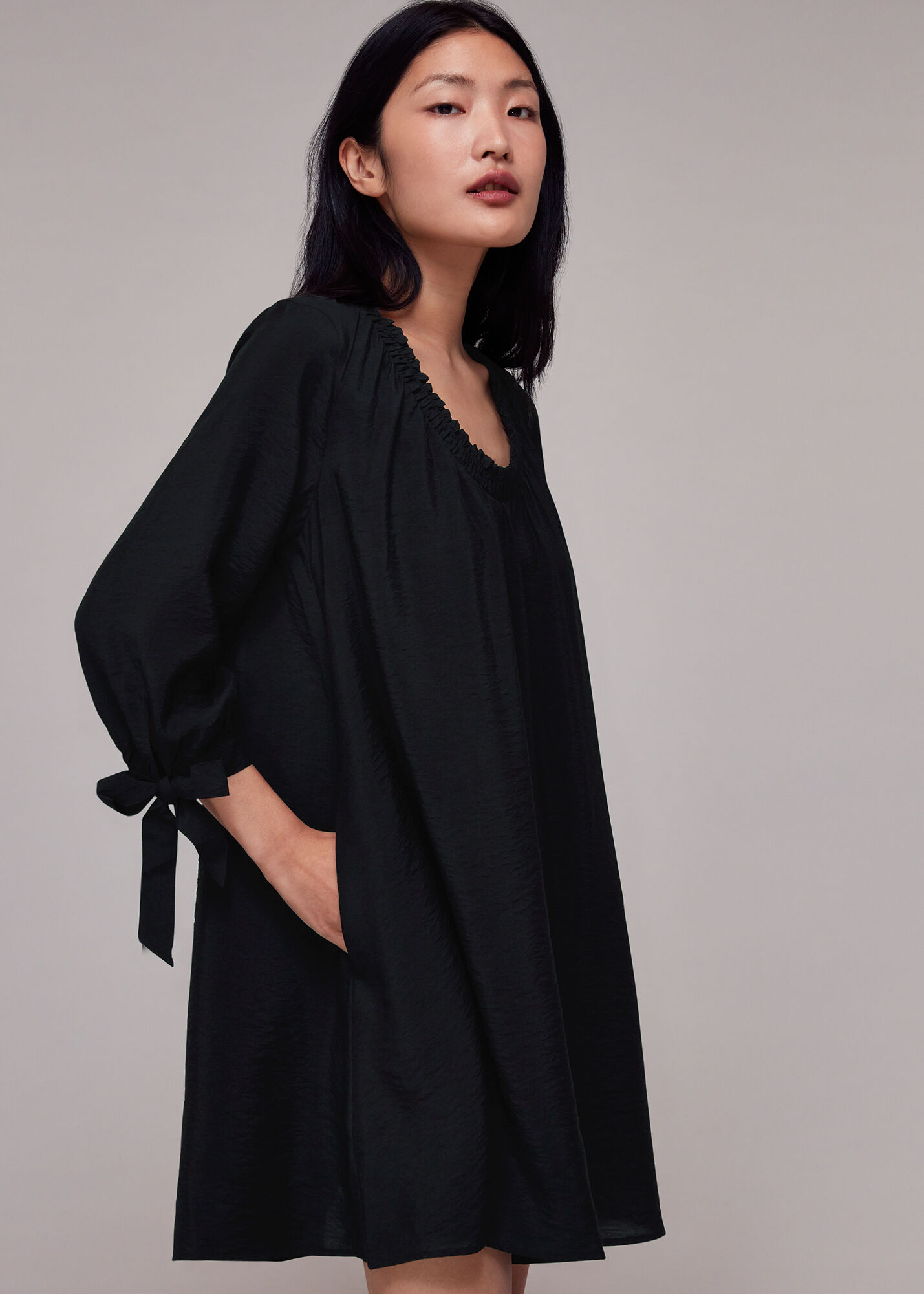 Black Lydia Gathered Trapeze Dress | WHISTLES | Whistles UK |